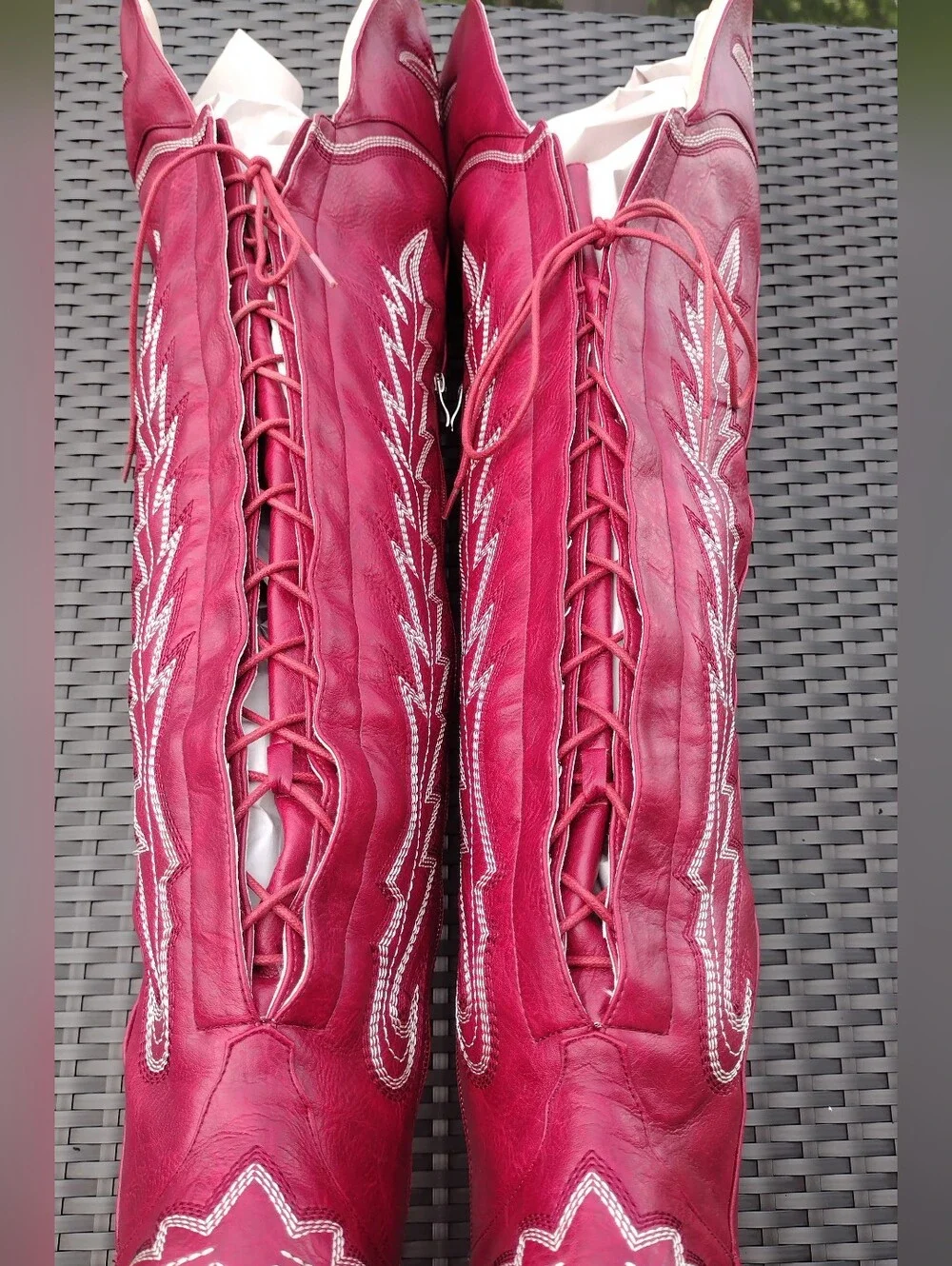 Over-the-Knee Lace Up Back Snip Toe Western Boots In Red